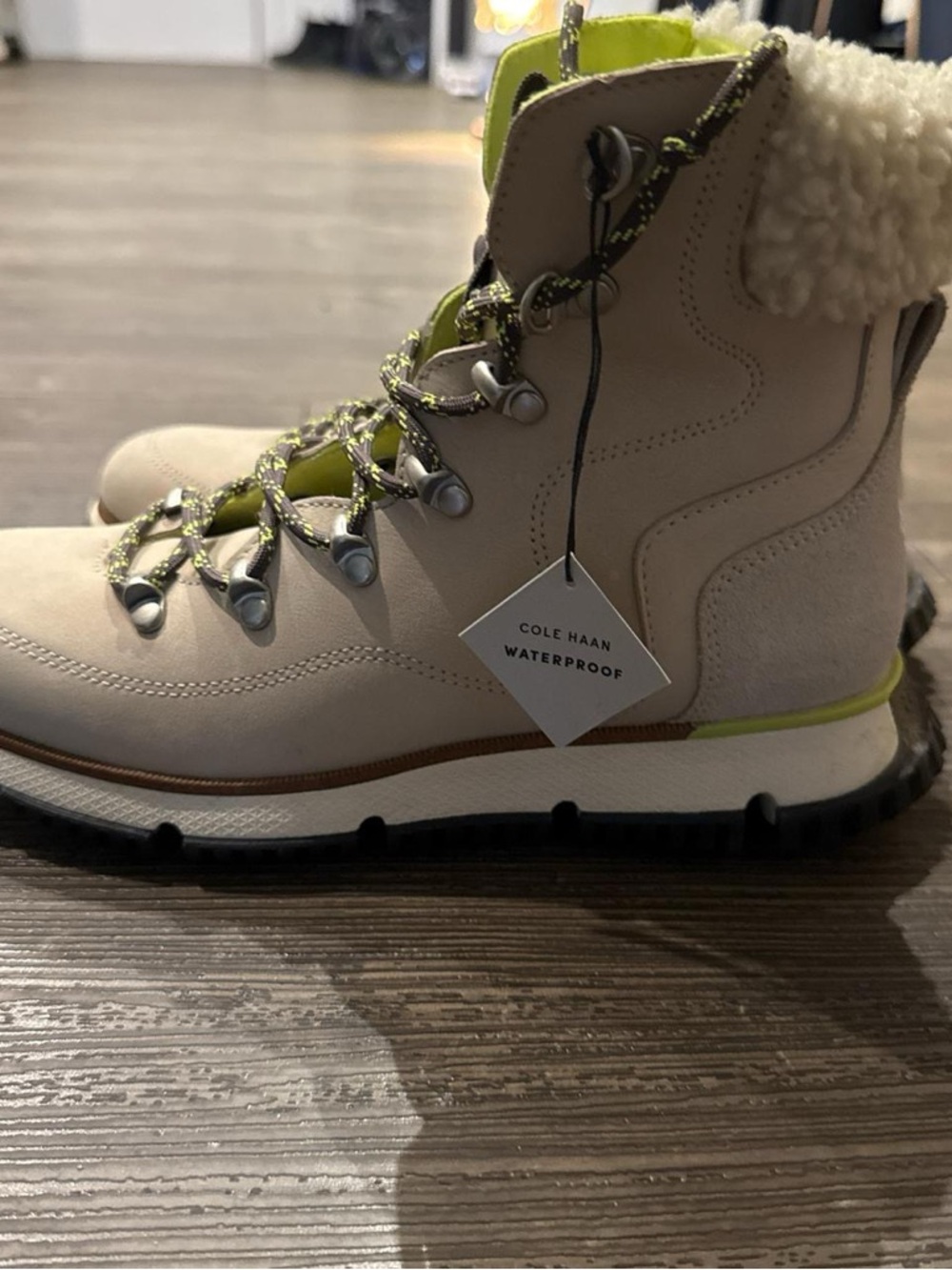 Cole Haan Beige and Neon Green Waterproof Shearling-Lined Boot
